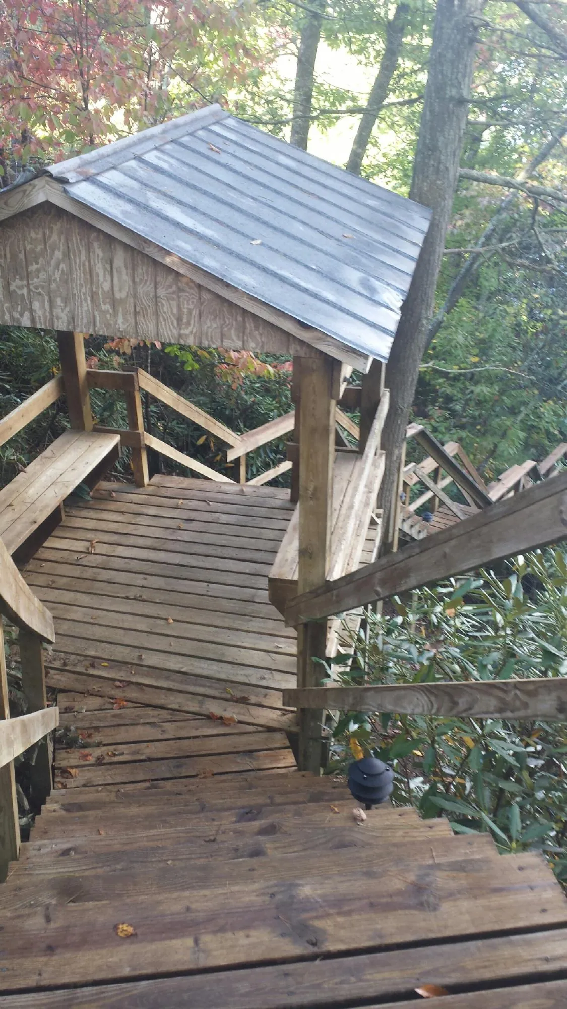 Metal roofed shelter over wooden steps on a wooded walkway — Skylight Repair & Installation work by our crew in Molino